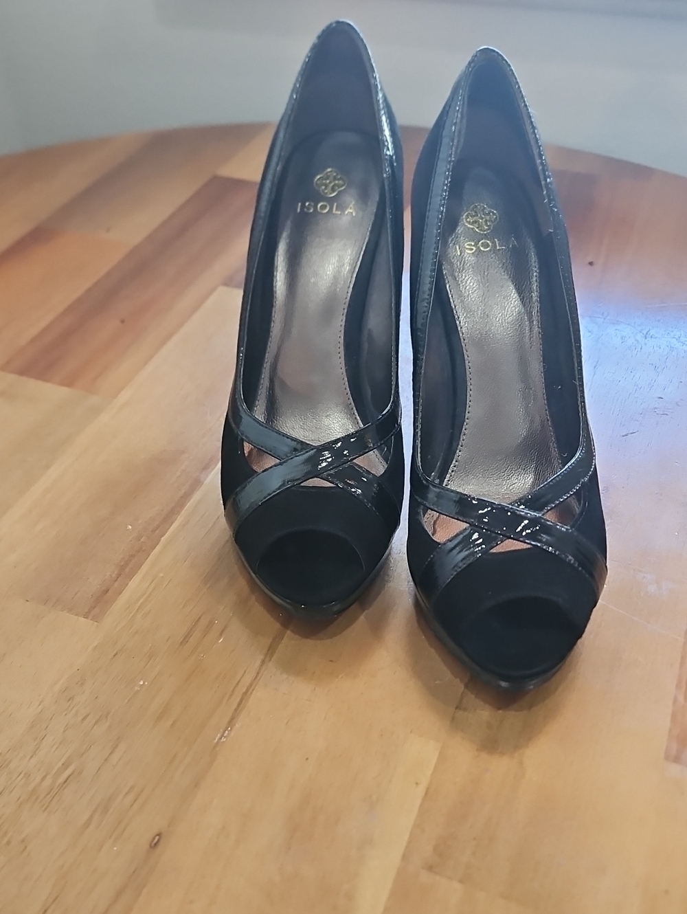 Isola Black Patent & Suede Peep-Toe Cross-Strap Heels